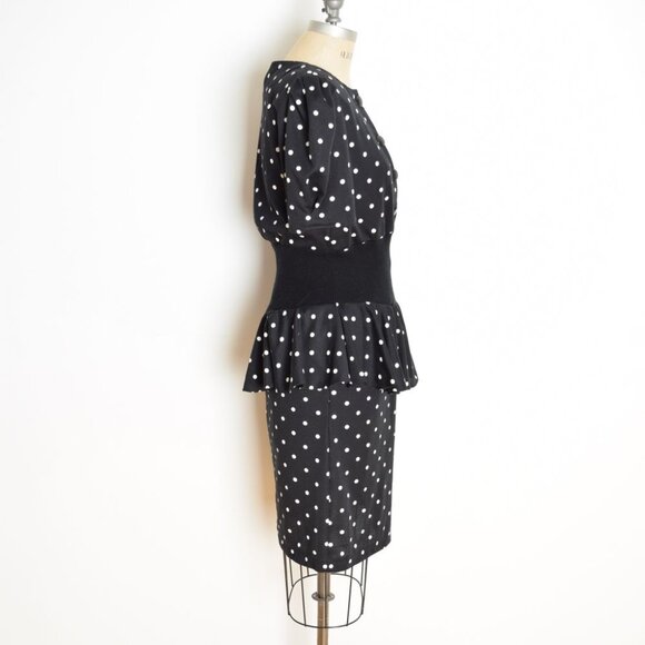 vintage 80s dress black white polka dot print peplum ruffle secretary puff M - Picture 5 of 9